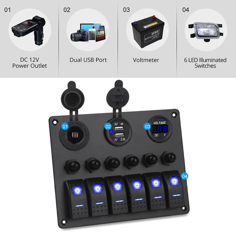 

6 Gang Waterproof LED Rocker Switch Panel for Car Auto Boat SUV RV Circuit Breakers Voltmeter Car Switches Car Dual USB charger