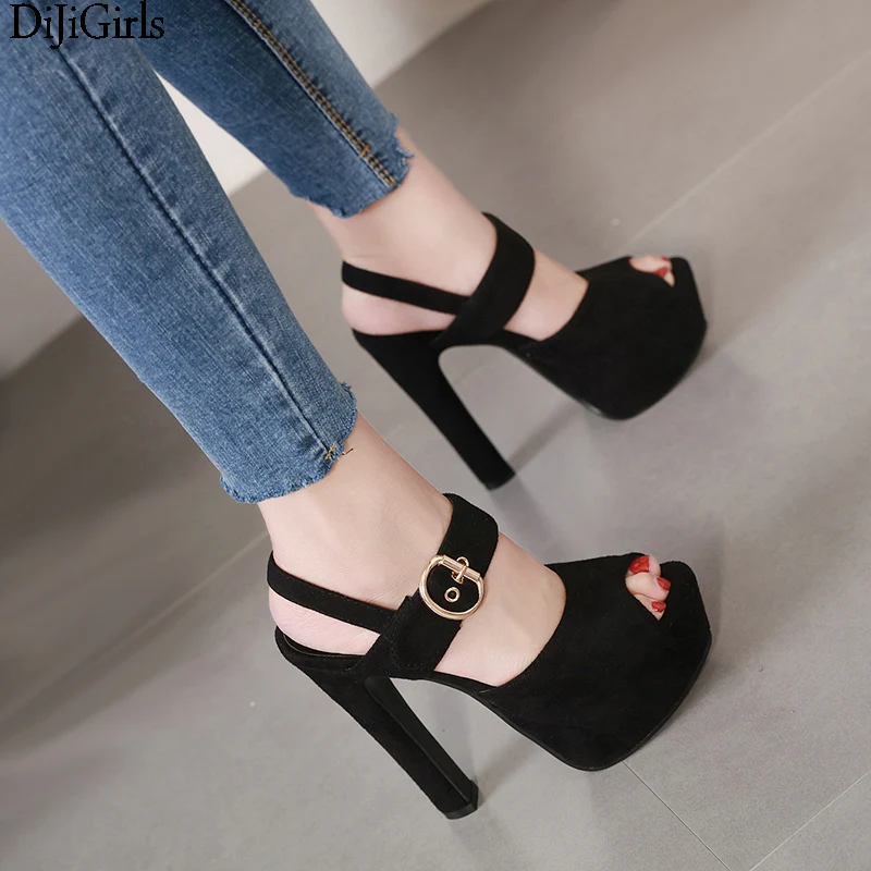 

Ladies Sandals Black Suede High Heels Summer Ankle Buckle Heels Casual 15cm Heel sandals Platform Shoes Sandalias Mujer Verano