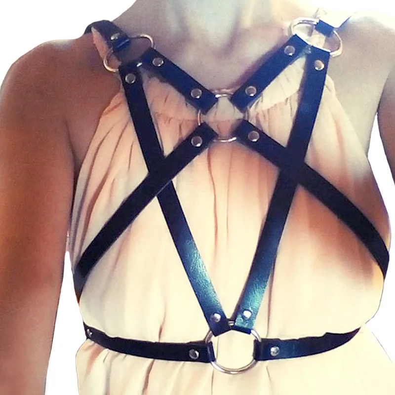 

2019 Sexy Fashion Punk PU leather Harness Star Pentagram Body Bondage Pentacle Metal loops rivets Star Waist Straps Belts