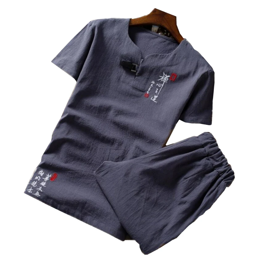  Summer Pure Color Chinese Style Retro Embroidery Men's Short-sleeved Suit 2 Pieces Sets Large Size 