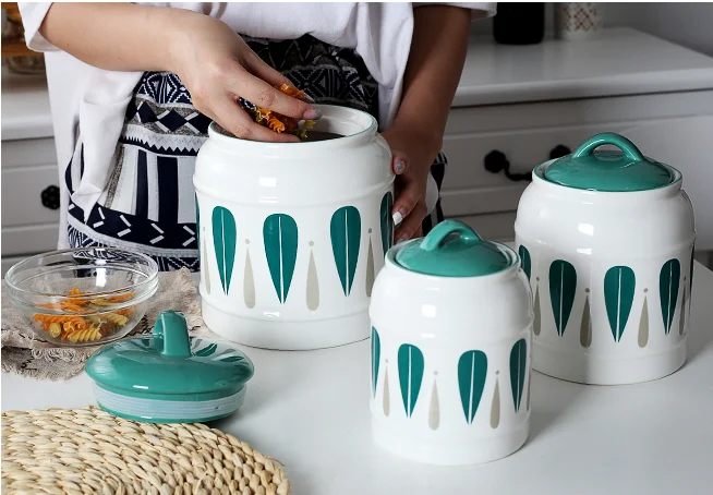 3Pcs Direct sales Nordic home kitchen storage ceramic sealed cans storage tank milk powder tea coffee sugar honey pot kimchi jar