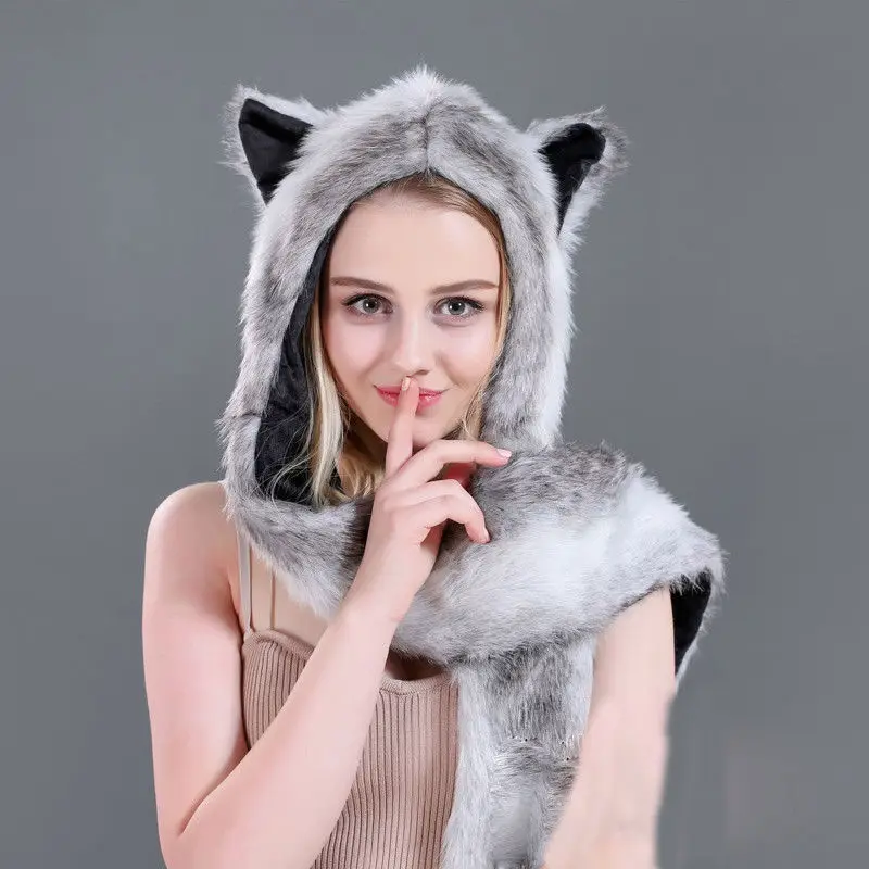Grey White Новинка, брендовая зимняя теплая шапка с мультяшным животным, плюшевая шапочка, флисовая зимняя теплая пушистая шапка с капюшоном, шапка-ушанка - Цвет: Grey White