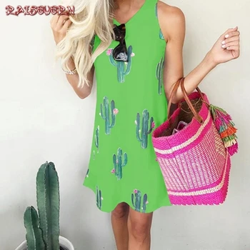 

RAISEVERN New Cactus Dress 2019 Sleeveless O Neck Summer Boho Dress Women Loose Sexy Mini Short Beach Dress Vestidos Mujer
