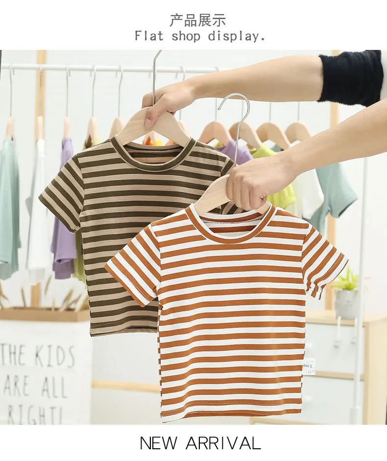 Мульти-Цвет по выбору для малыша; на каждый день Удобный с коротким рукавом в полоску, хлопковая футболка для мальчиков и девочек F0411wy06