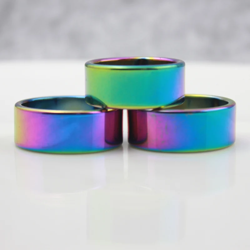 SexaMara New Women Jewelry Grade AAA Quality Rainbow Color Hematite Stone Rings 10mm Width Flat Hematite Rings (1 Piece) HR1006