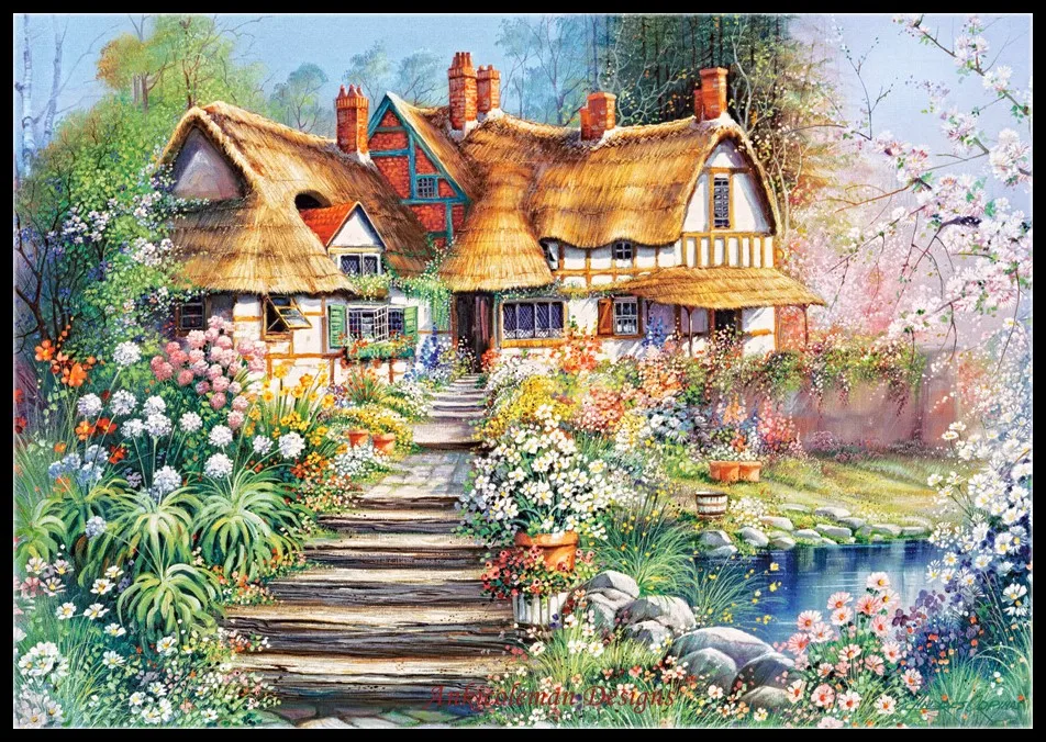 пейзаж с домиком. картины дома с цветами. сказочный домик. солнечная терраса алмазная живопись. вышивка крестом домики.