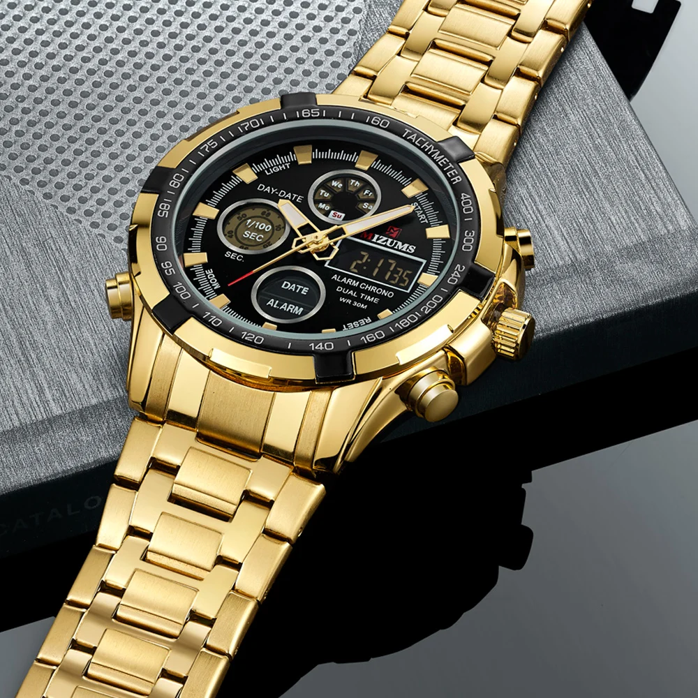 Fashion Brand Men Sports Watches with gold stainless steel band Digital Analog Watch Army Military Waterproof Male LED Clock Relogio Masculino mizums (25)