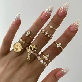 

FNIO 9 Pcs/Set Boho Gold Colorful Crystal Snake Geometric Knuckle Midi Ring Set for Women Personality Jewelry Gift