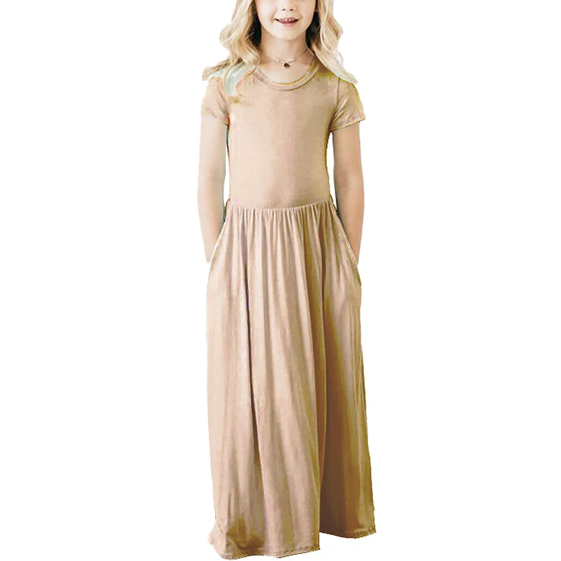 Одежда для девочек-подростков; однотонное детское длинное платье из мягкого хлопка с карманами; летнее пляжное платье с короткими рукавами для девочек