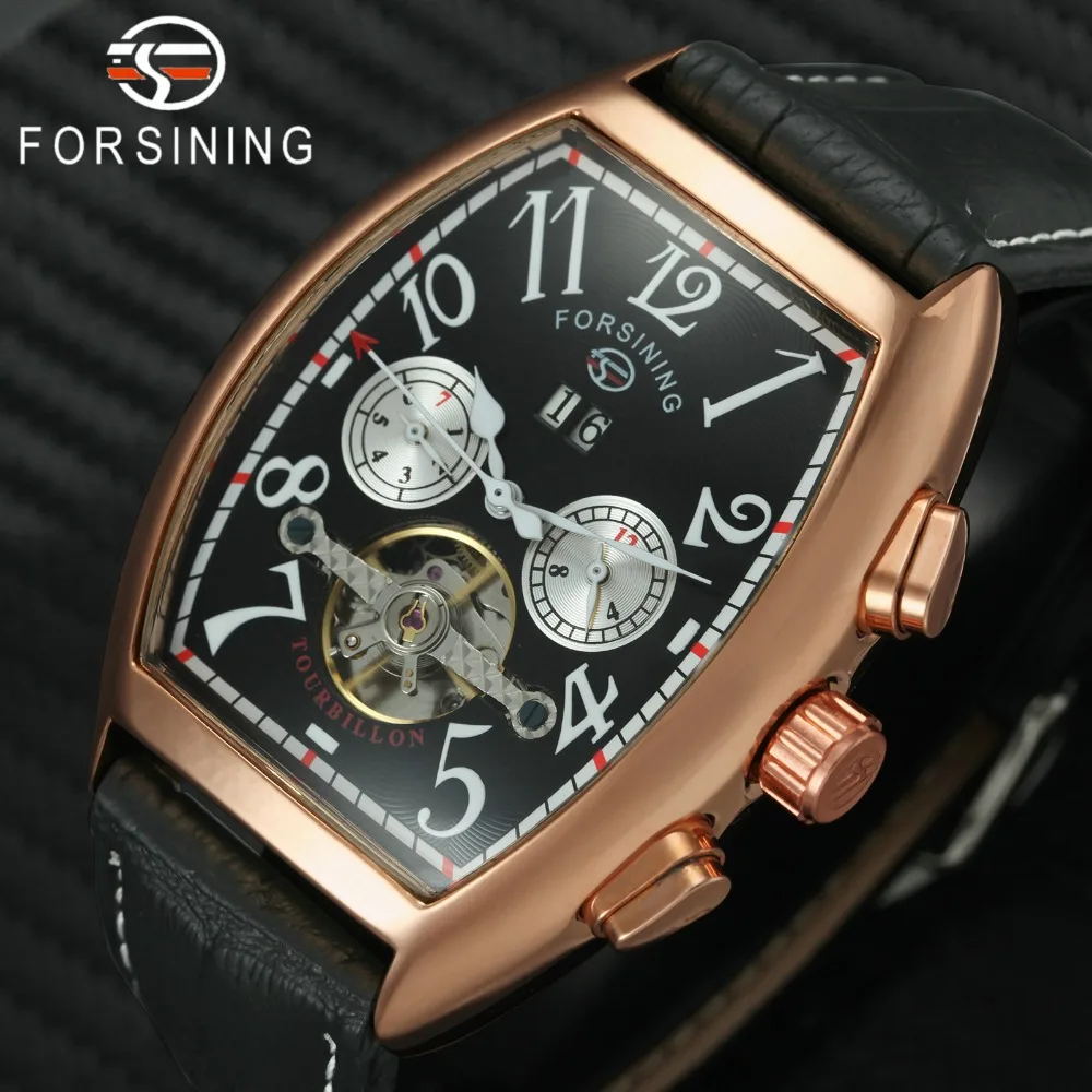 

FORSINING Tourbillon Mens Watches Top Brand Luxury 2 Sub-dial Calendar Leather Strap Fashion Skeleton Auto Mechanical Wristwatch