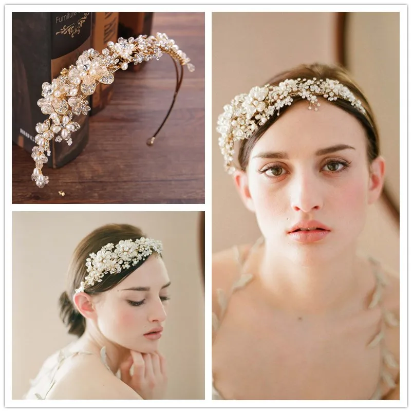 Elegant women handmade hairbands crystal women golden tiara bride wedding jewelry pearl hair ornaments party dress accessories zx 1038 elegant gorgeous rhinestone bride tiara golden size m