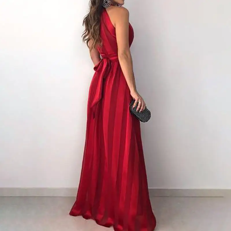 2019 المرأة الأزياء الأنيقة حفلة موسيقية الرقص الأحمر حزب ماكسي اللباس التدرج المشارب الخامس الرقبة أكمام مساء حفلة موسيقية فستان طويل