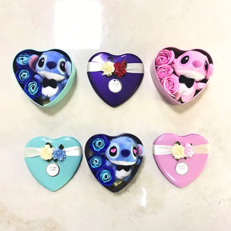 

Handmade Cute Stitch Plush Toys with Heart Shape Soap Flowers In Box Creative Lovely Valentine's Day Present Birthday For Girls