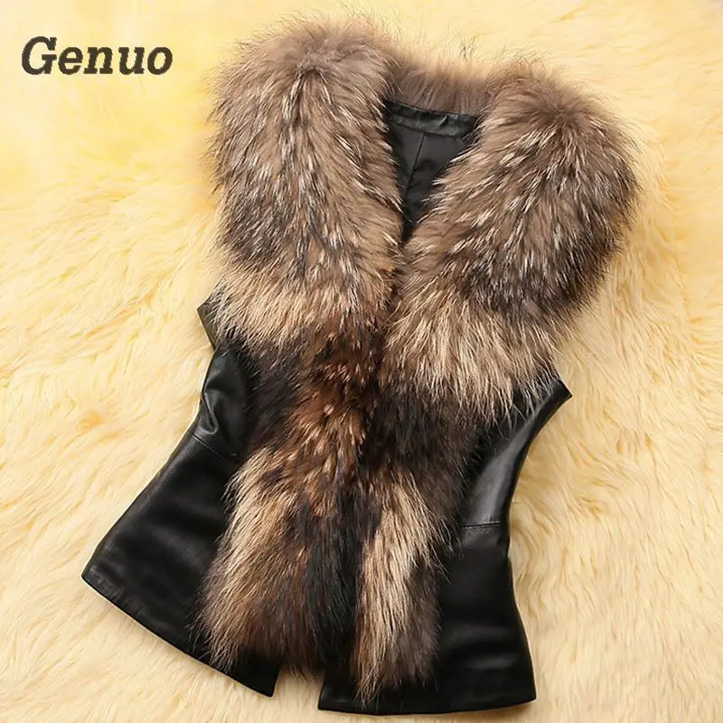 

Genuo Leather Jcket Faux Fur Vest Coat Women Winter Sleeveless Faux Fox Fur Collar Vest Winter Jacket Coat Women Streetwear