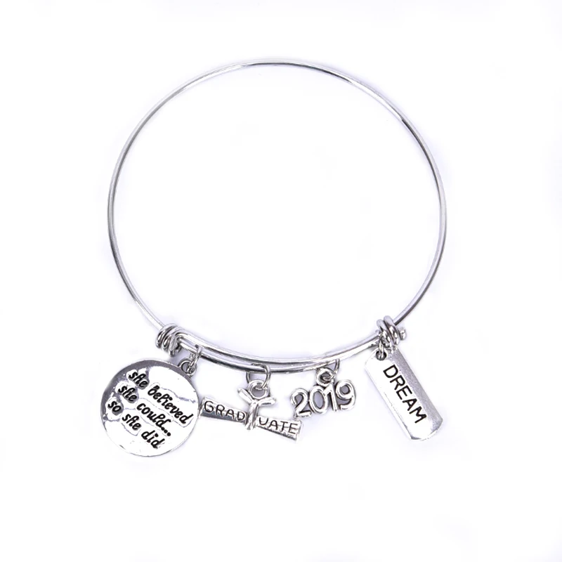 1PC Stainless Steel Bracelet Wire Adjustable 2019 Graduation Charm Bracelets Gift Bangle For Women Jewelry 2 Styles