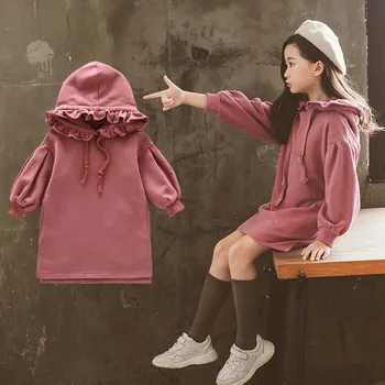 

2018 Spring Autumn Girls Dress New Brand Baby Girls Blouse Hooded Ruched Long Sleeve Children Clothing Dress Girls Clothes