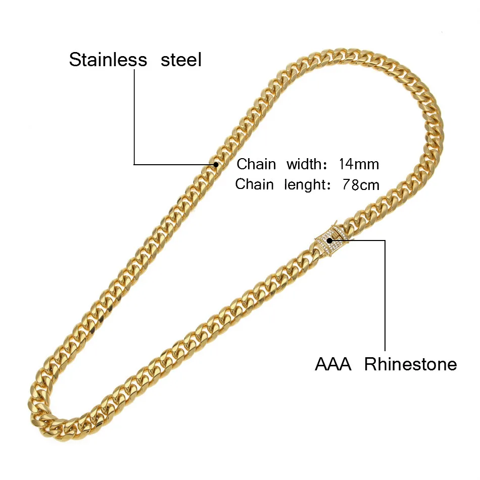 UWIN 14 мм мужское кубинское ожерелье из нержавеющей стали, стразы, застежка, золото, серебро, цепочка в стиле хип-хоп 78 см