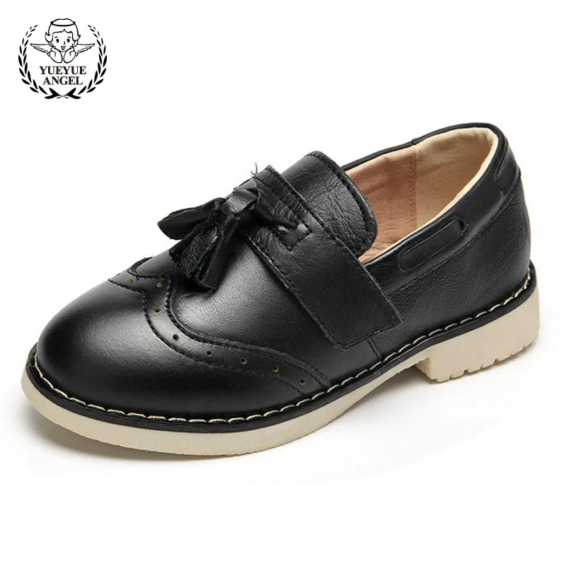 

Lace Up Bow Casual Girl Shoes Black Moccasins For Boys Pointed Toes Breathable Girls Boys Lightweight Real Leather British Shoes