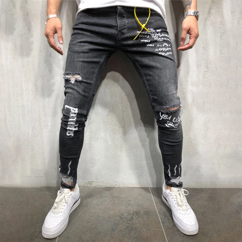 Men's New Stretchy Ripped Skinny Jeans Destroyed Denim Pants Mens Casual Elastic Waist Pencil Pants