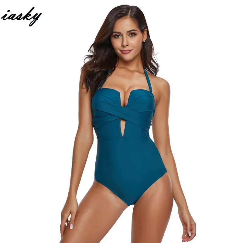 Iasky 2019 Summer V Neck One Piece Swimsuits Sexy Women Plus Size Push