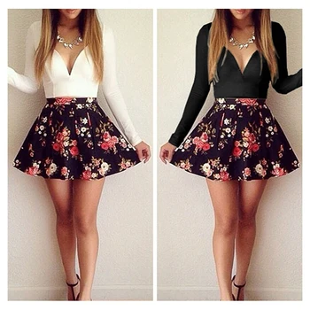 

High Waist Mini Dress Summer 2018 Fashion Casual Sexy Deep V neck Floral Print Long Sleeve Black White Dresses Party Club Beach