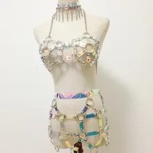 Женский сексуальный панк жгут Готический голографический кожаный ручной работы для тела Связывание клетка колье ожерелье сексуальный бюстгальтер пояс на талию Сексуальная звезда юбка