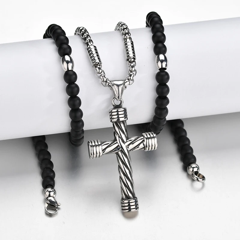 

Stainless Steel Cross Pendant Necklace Silver Stainless Steel Chain Black Stone Strand Beads Necklaces Ethnic Jewelry Men