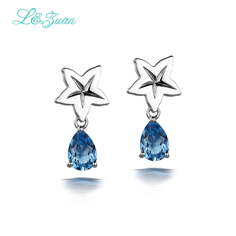 

l&zuan S925 Silver stud earrings For Woman 1.30ct Topaz blue Water Drop natrual Gemstones star Fine jewelry Party christmas gift