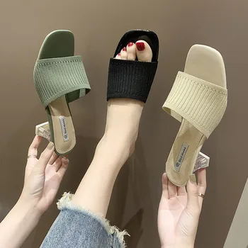 

Slippers Women Wear 2019 Summer New Knit Fashion Wild Thick with Crystal High-heeled Net Red Word Cool Tide Slippers