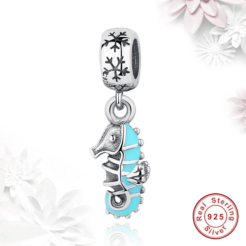 ELESHE Authentic 925 Sterling Silver Hippocampus Charm Blue Enamel Seahorse Bead Fit Original Bracelet & Bangle DIY Jewelry Gift