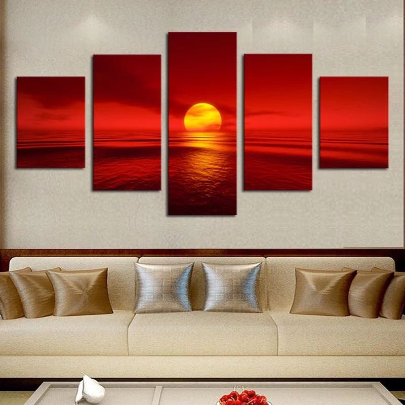 Canvas-Paintings-Modular-Home-Decor-5-Pieces-Sunset-Red-Sun-Sea-Natural-Landscape-Poster-Seascape-Pictures