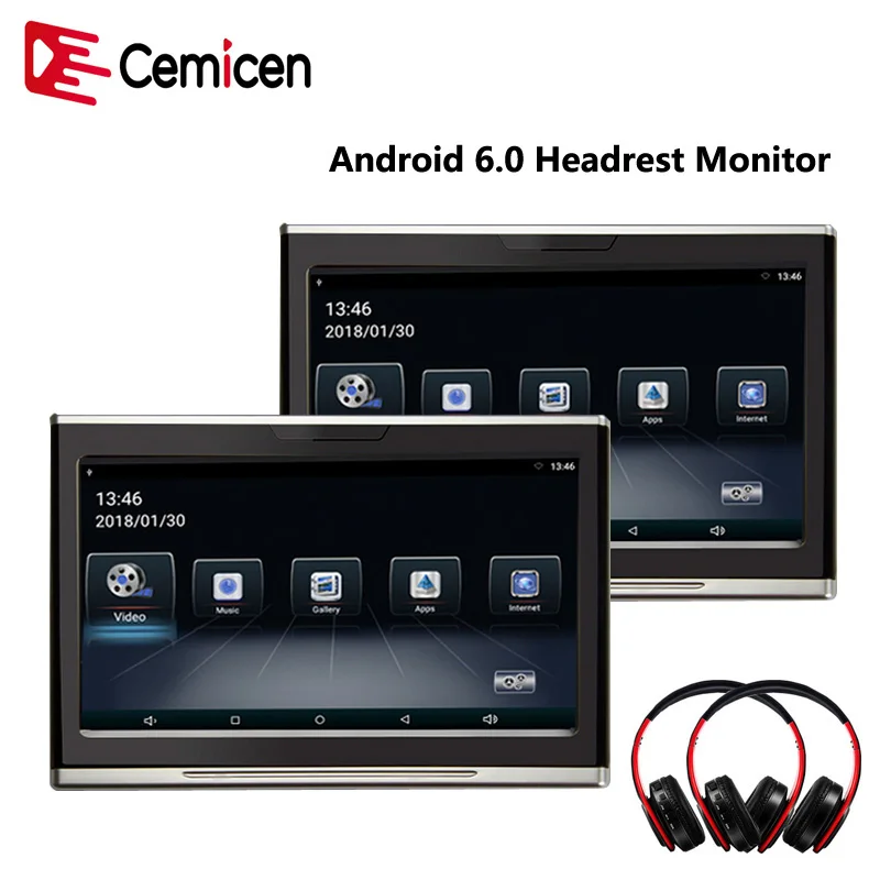 

Cemicen 2PCS 10.1 Inch Touch Screen Car Headrest Monitor Android 6.0 HD 1080P Video WIFI/USB/SD/Bluetooth/FM Transmitter/Speaker