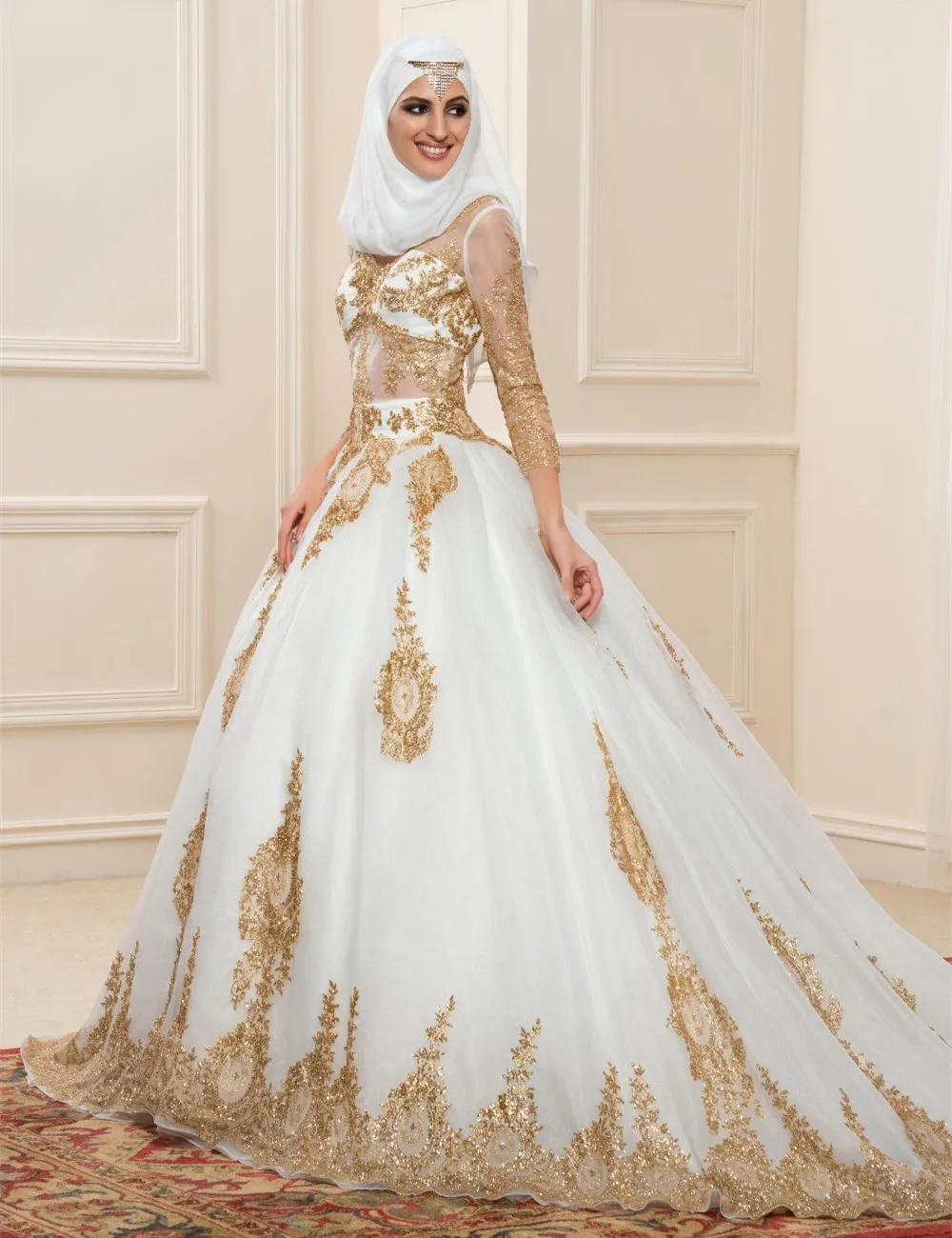 Aliexpress.com : Buy Gold Lace Muslim Wedding Dresses With Sleeves 2016
