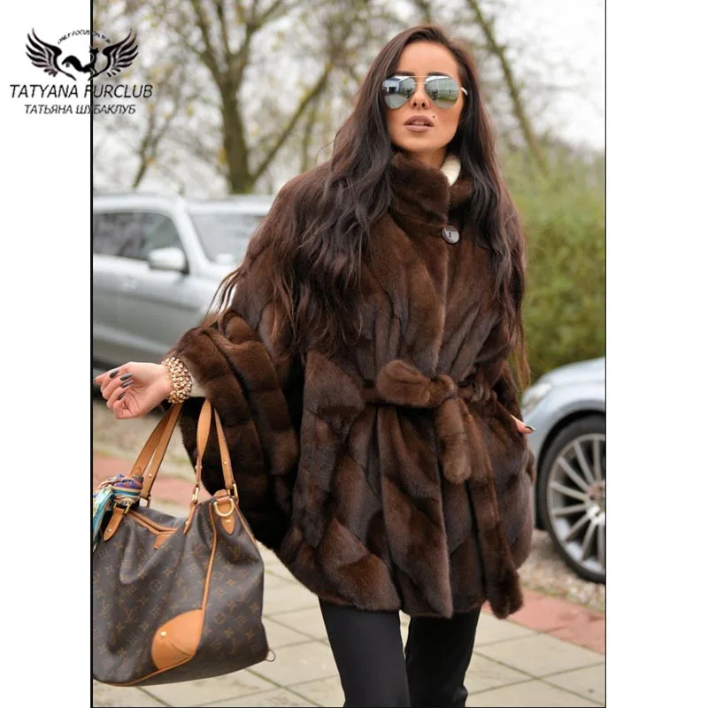 

Tatyana Furclub Mink Fur Coat Bat Type Real Mink Fur Jacket For Women Coffee Slim Mink Fur Coats Genuine Leather Winter Warm Fur