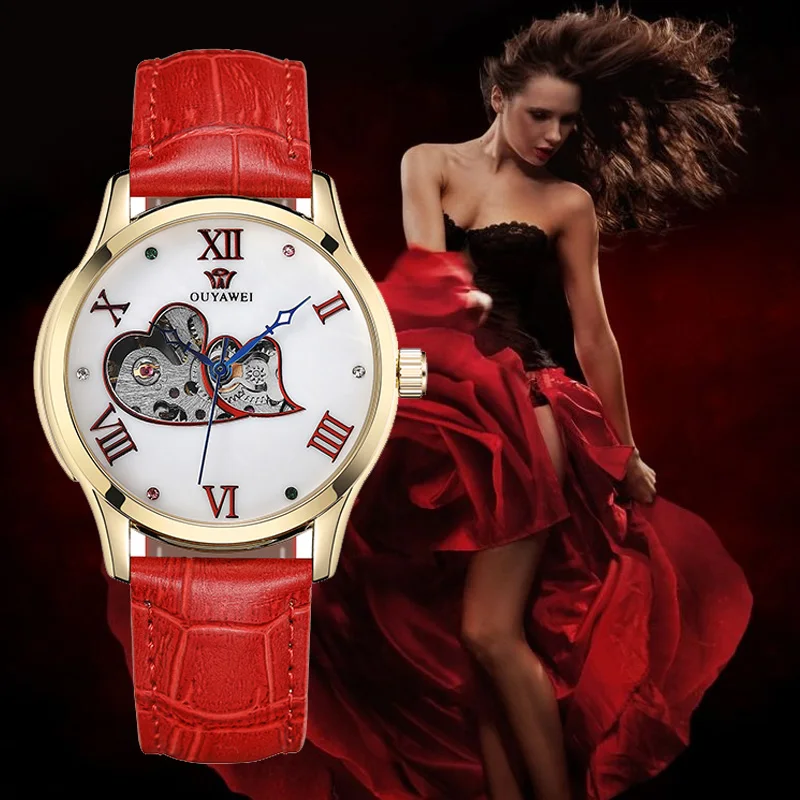 

Relojes Mujer 2018 OUYAWEI Watch Women Famous Brand Red Leather Automatic Watch Ladies Mechanical Watch Relogio Feminino Clock