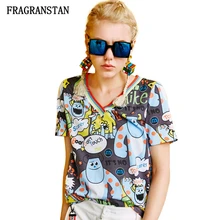 Женский сезон: весна–лето v-образным вырезом Повседневное Футболка Дамская мода мультфильм с принтом букв; очаровательный топ Для женщин высокое качество свободные безрукавки Q652