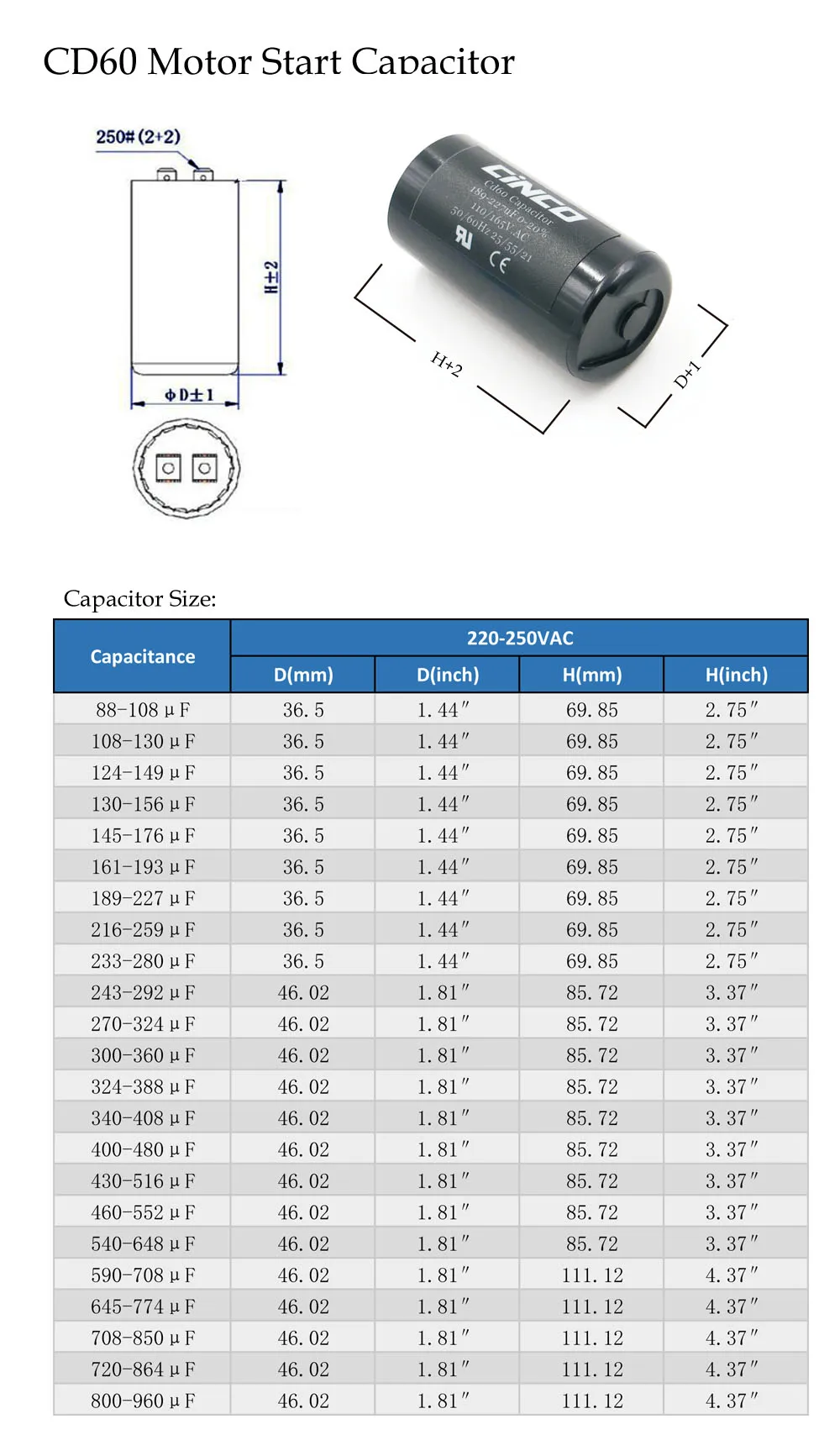 88-108MFD 220 V 250 V 275 V CD60 пусковые конденсаторы двигателя RV запуск двигателя ing 88-108 mf uf компрессор HVAC электролитический 220VAC 250VAC