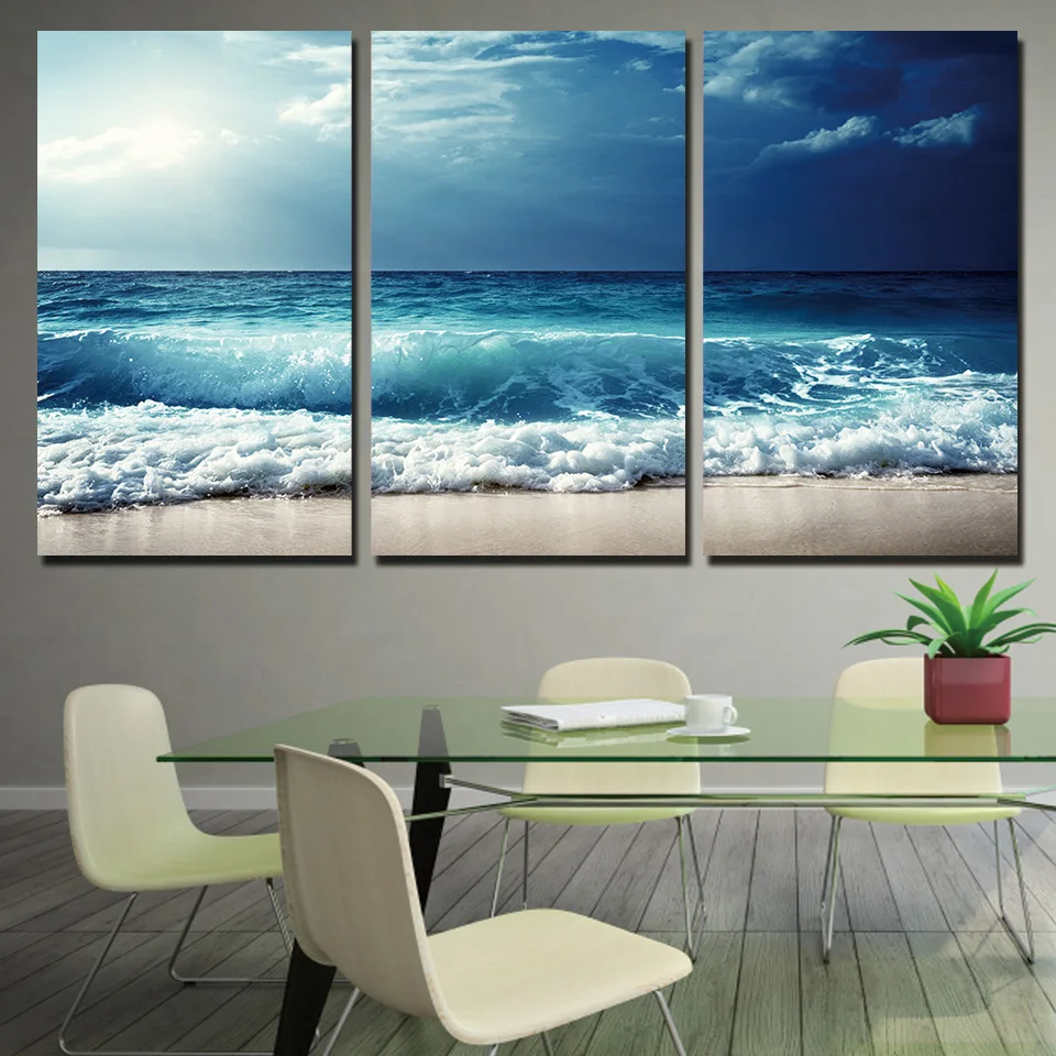 

3 piece canvas painting Blue waves before the storm HD posters and prints canvas painting for living room free shipping