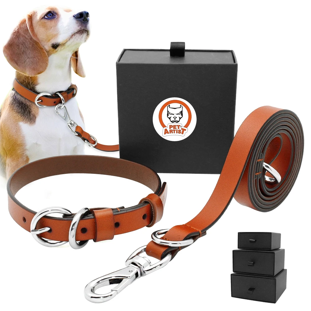 Real Leather Dog Collar and Leash Set Adjustable Genuine Pet Collar and