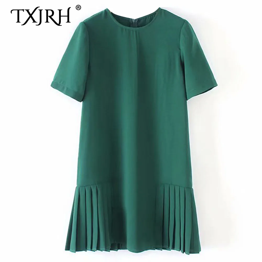 

TXJRH Fashion O-Neck Pleated Hem Dress Chic Women Casual Short Sleeve Back Zipper Short Straight Dress 2 Colors Basic Vestidos