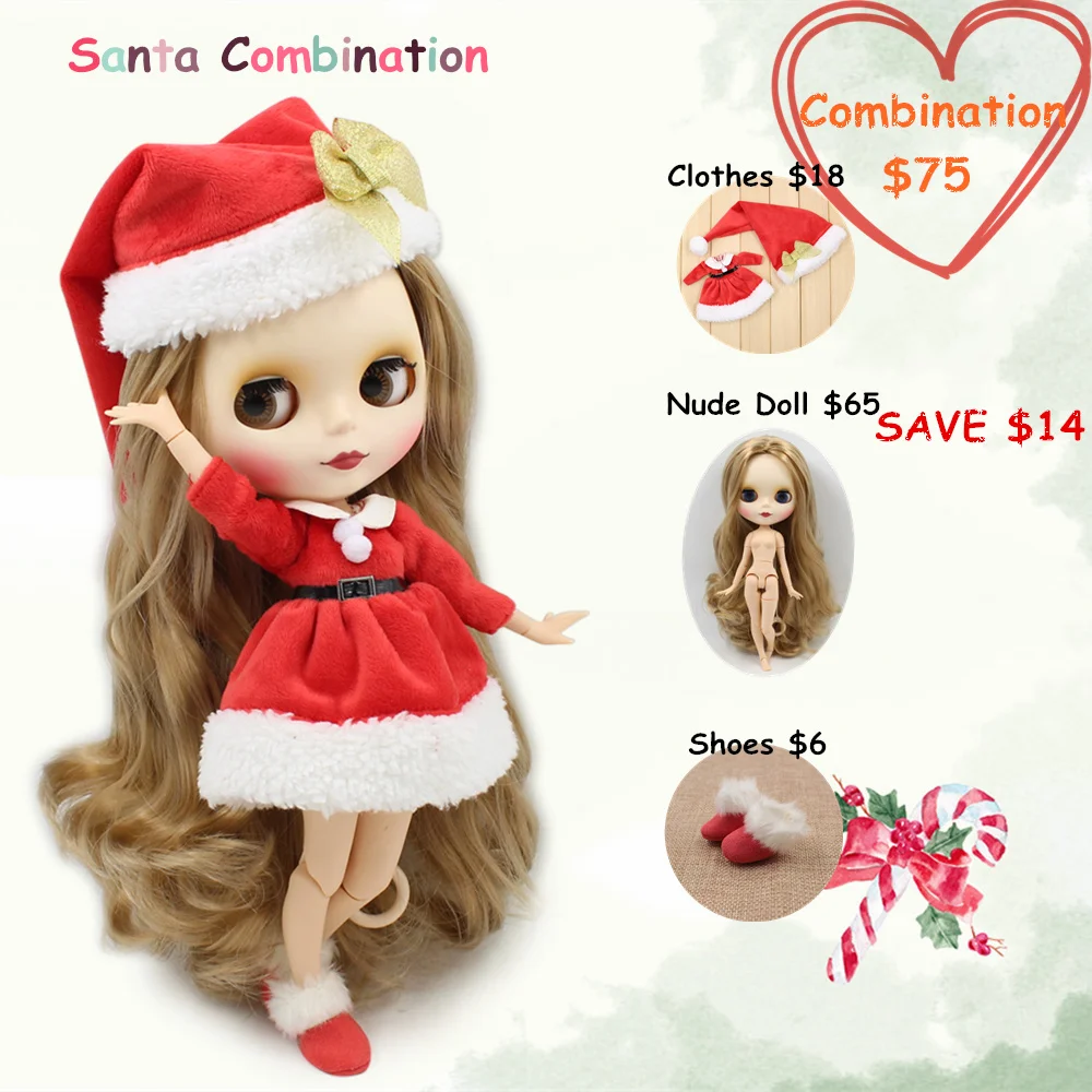 Рождественское платье шапка и обувь Blyth Doll 1/6 комбинированное тело с матовым