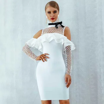 

Wholesale 2019 new style dress White Grid long sleeve Elastic tight Fashion mini Leisure Celebrity Party bandage Dress(H2377)