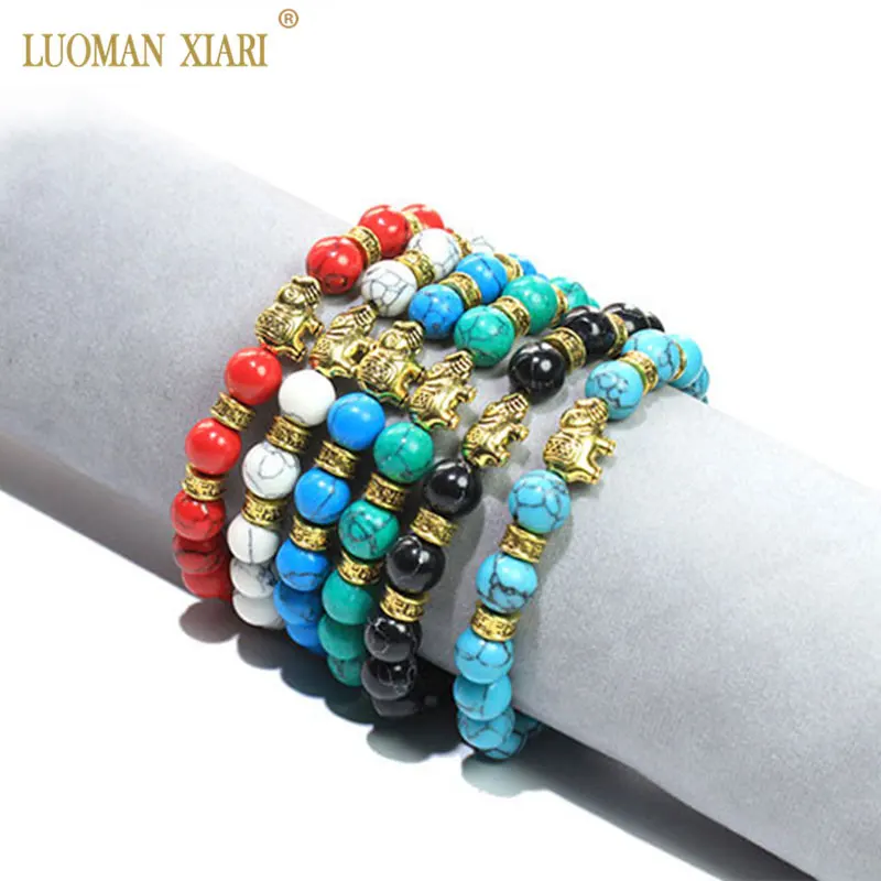 Wholesale Retro Elephant Stone Blue Green Red Beads Bracelet Men For -1704