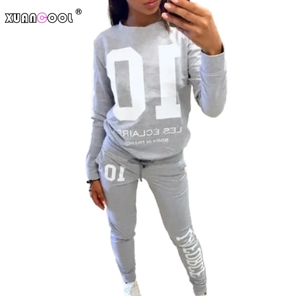 

XUANCOOL 2019 Women Sweatshirt Set Long Sleeve Number 10 Letter Print Tops and Pants Tracksuit Woman Conjunto Feminino