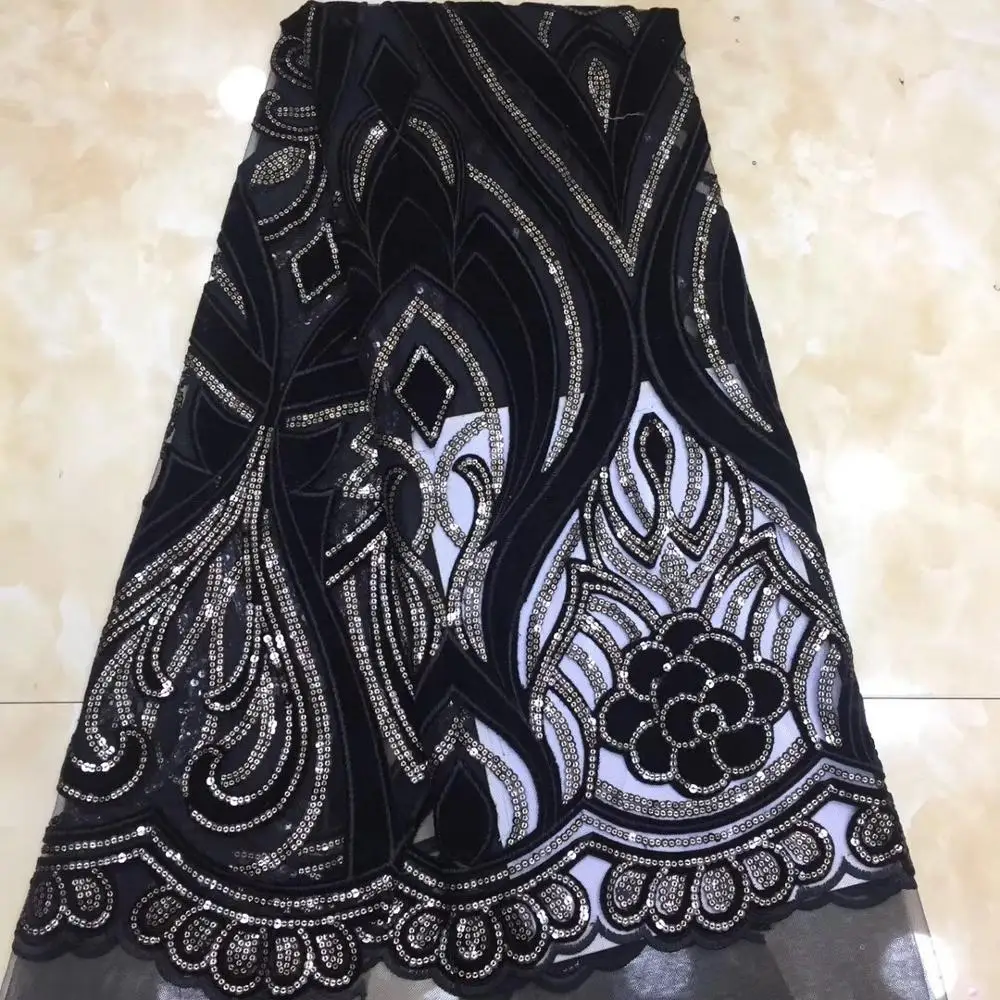 

French lace fabric 5yds/pce black sequins big patterns velvet mesh fabrics women gorgeous luxury exclusive party event dress