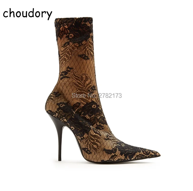 

Black Lace Pointed Toe Stiletto High Heels Boots Sexy Lady Street Style Ankle Booties Spring Autumn Woman Pumps Short Boots