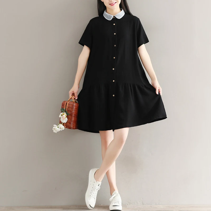 

2019 summer fashion knee length short sleeve black cotton dress for women cute sweet dress