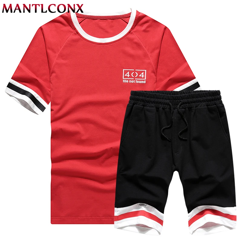 

MANTLCONX New Summer Short Sets Men Casual Suits Sportswear Tracksuit Male Outwear Tracksuits Patchwork T Shirt +Shorts Men 2019