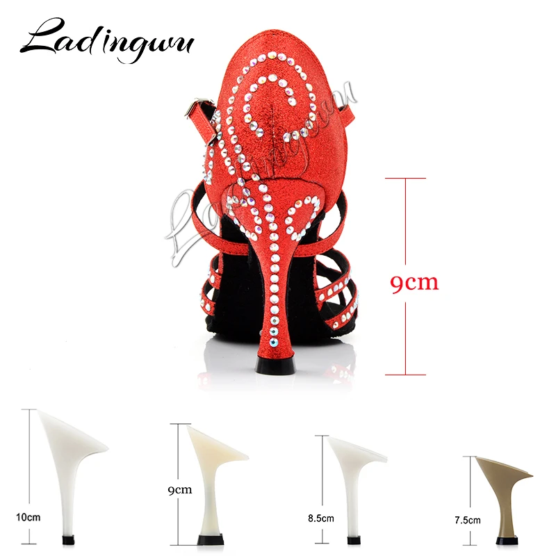 Ladingwu zapatos baile mujer latino Red Shoes Woman Latin Dance Shoes Glitter Rhinestone Salsa Ballroom Dance Shoes Heels 9cm
