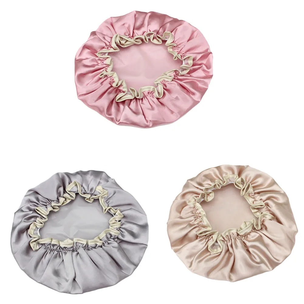 

1 Piece New Lovely Thick Women Shower Satin Hats Colorful Bath Shower Caps Hair Cover Double waterproof Bathing Cap Wholesale